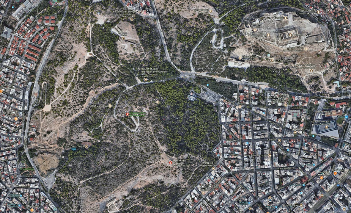 The Philopappou Hill to the WSW of the Acropolis of Athens (image captured from Google Maps)